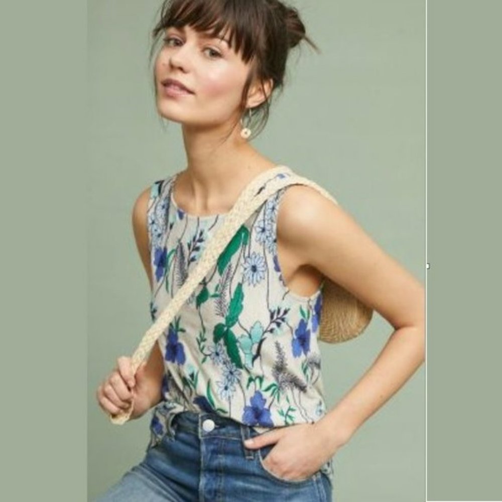 Anthropologie Meadow Rue Tank S Cartagena Boho Embroidered Floral Top Blue Green